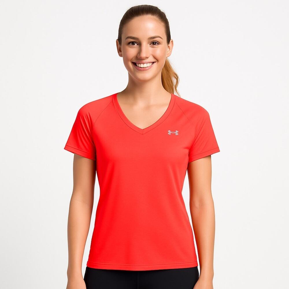 EUC Under Armour HeatGear Semi-Fitted V-Neck T-Shirt – Size Large – Neon Red W56
